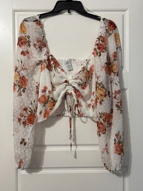 Rue 21 White Floral Swiss Dot Puff Sleeve Crop Top